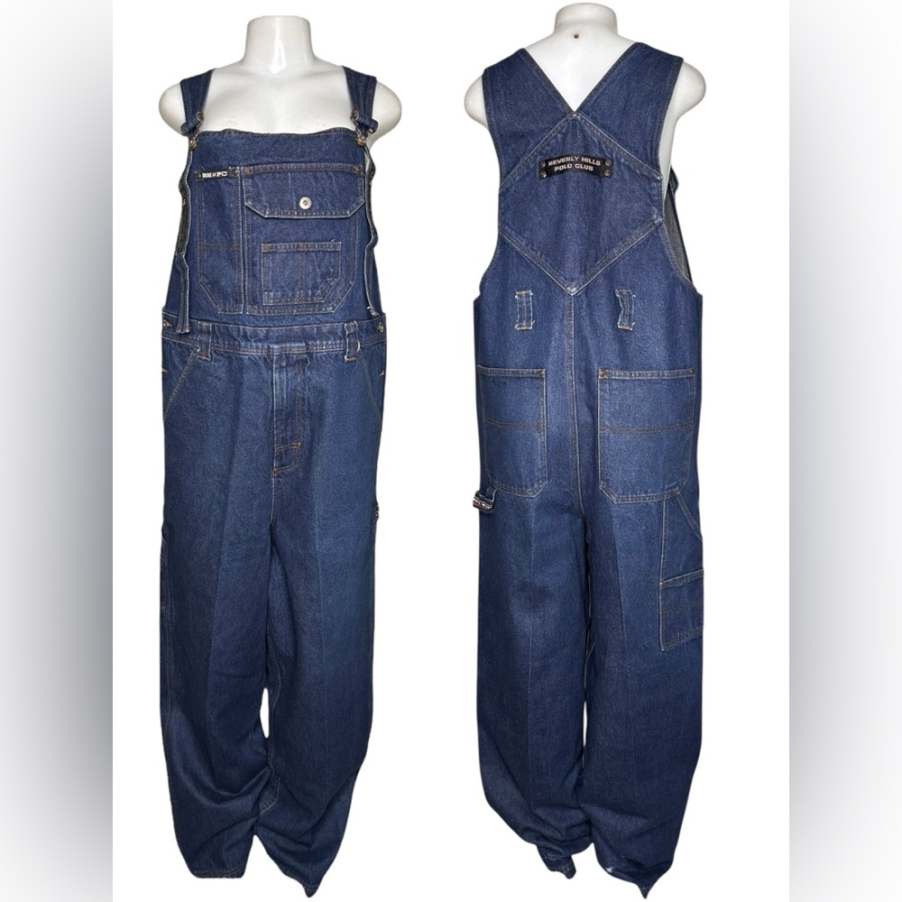 VTG 90s Beverly Hills Polo Club Denim Overalls Carpenter Baggy USA Flag Logo L